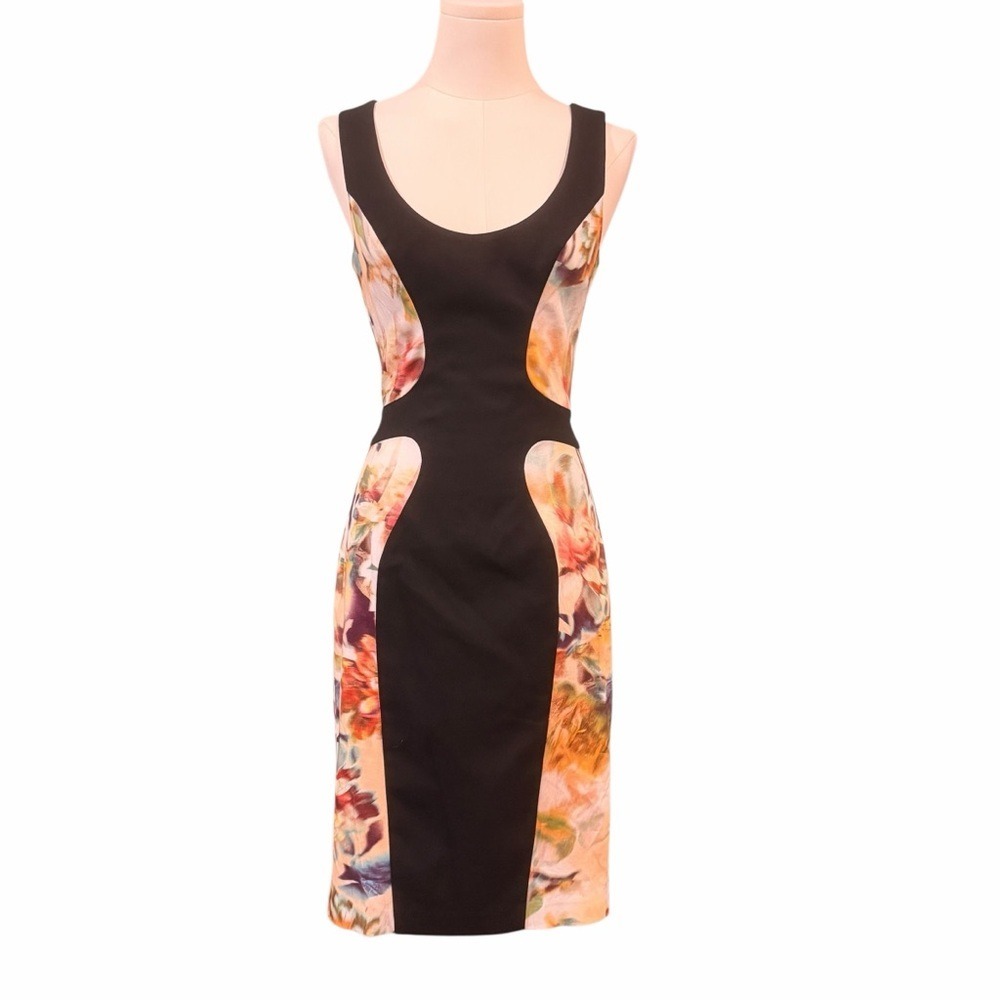 Black Halo Sheath Dress Sleeveless Color Block Floral Printed Fitted Size 2 - Picture 2 of 16